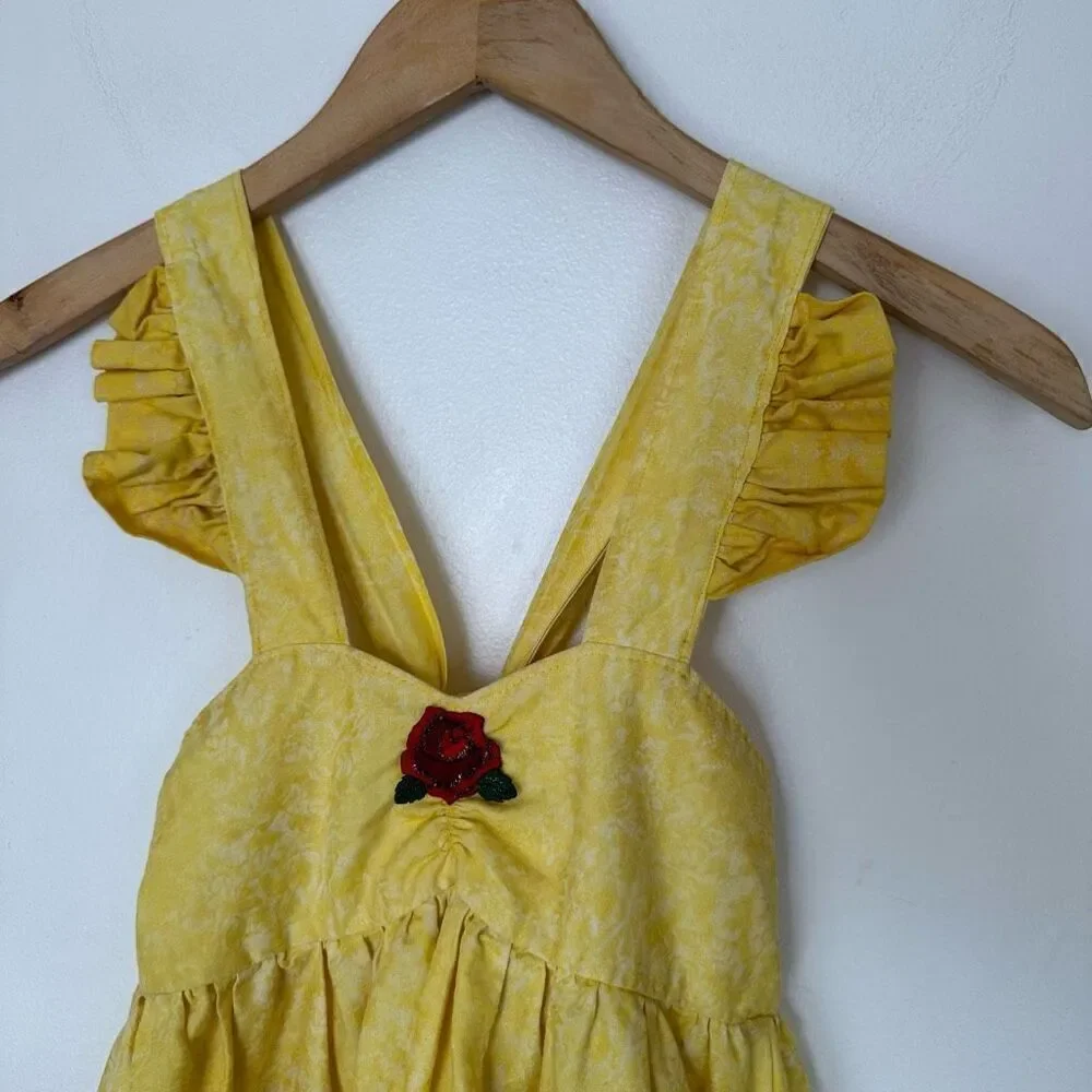 Handmade Boutique Childs Belle Yellow Marbled Sweetheart Bodice Embroidered Rose